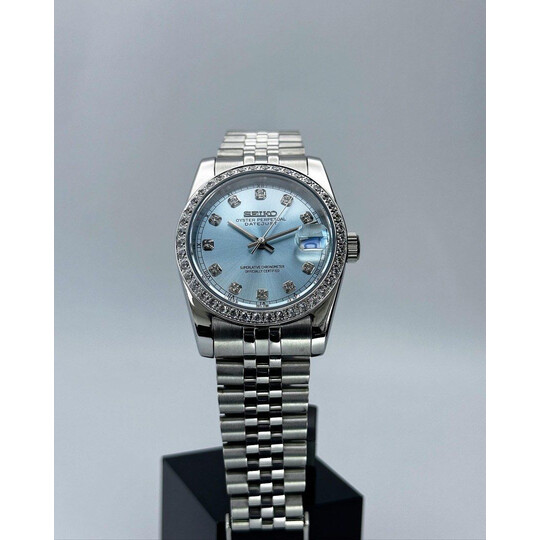 Custom Seiko Mod • Double Diamond Ice Blue DateJust • 36mm